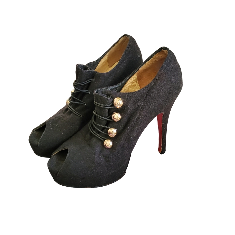 CHRISTIAN LOUBOUTIN | Loubout 150 Black Peep Toe Military Heeled Booties (9 US) - Picture 1 of 14